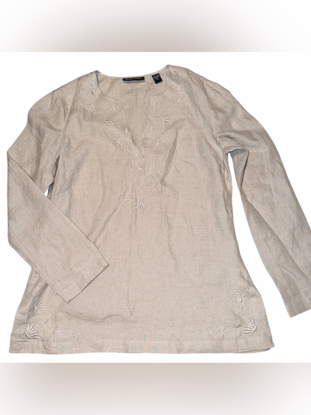 Valerie Stevens Light Sand Embroidered Long Sleeve Linen Top